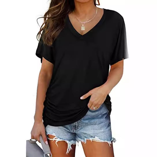 Dame afslappet V-hals T-shirt med rynker Stilla