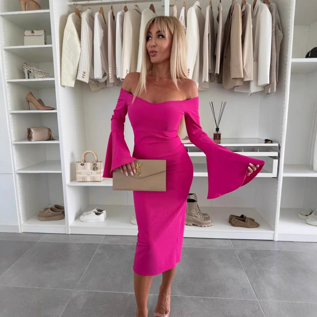 Dame Off-Shoulder Udstillede Ærmer Midi Kjole Stilla
