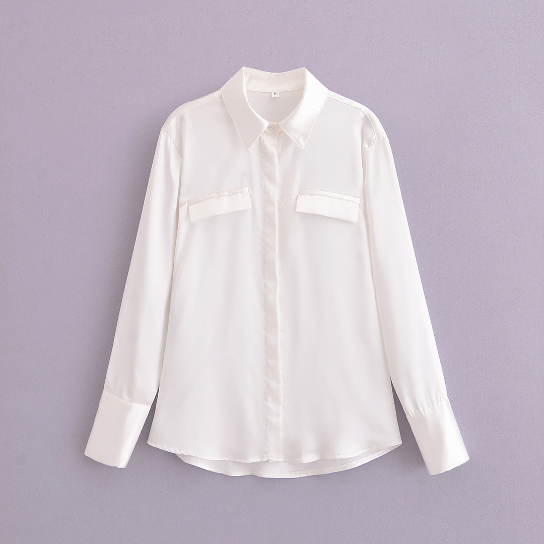 Dame Langærmet Satin Button-Up Skjorte med Lommer-Detalje Stilla