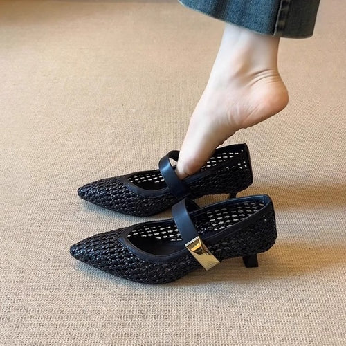Dame Woven Spids Tå Mary Jane Flats med justerbar rem Stilla