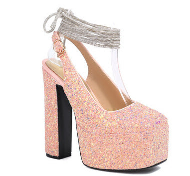 Femme Glitrende Plateau-Highheels med Ankelsløjfe-Detajle Stilla