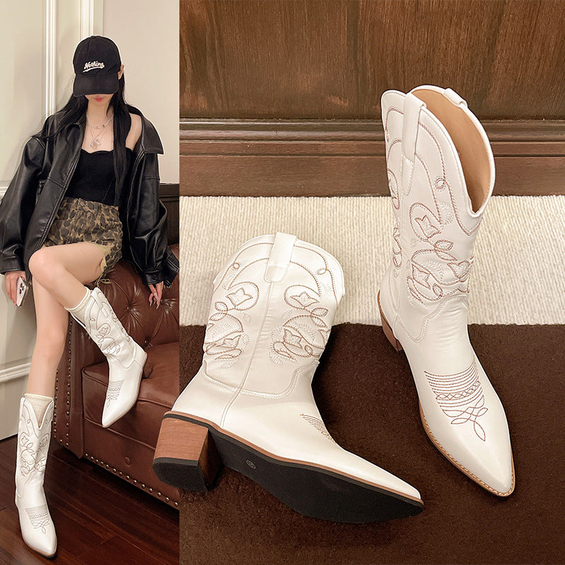 Dame Cowboy-støvler med elegant broderi og klassisk blokhæl Stilla