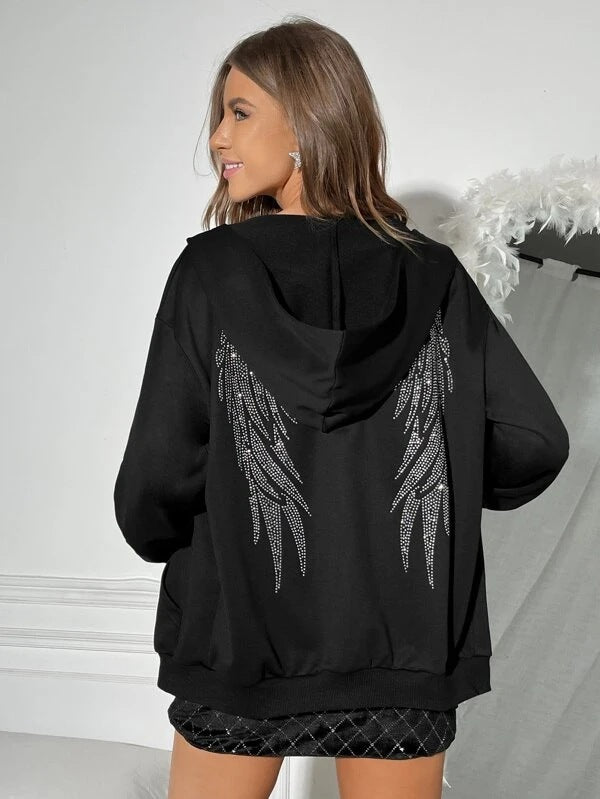 Dame Hoodie med Glitrende Vinge Design Stilla