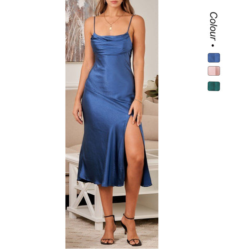 Women's Satin Maxi Dress with Elegant Split and Adjustable Straps Skovae