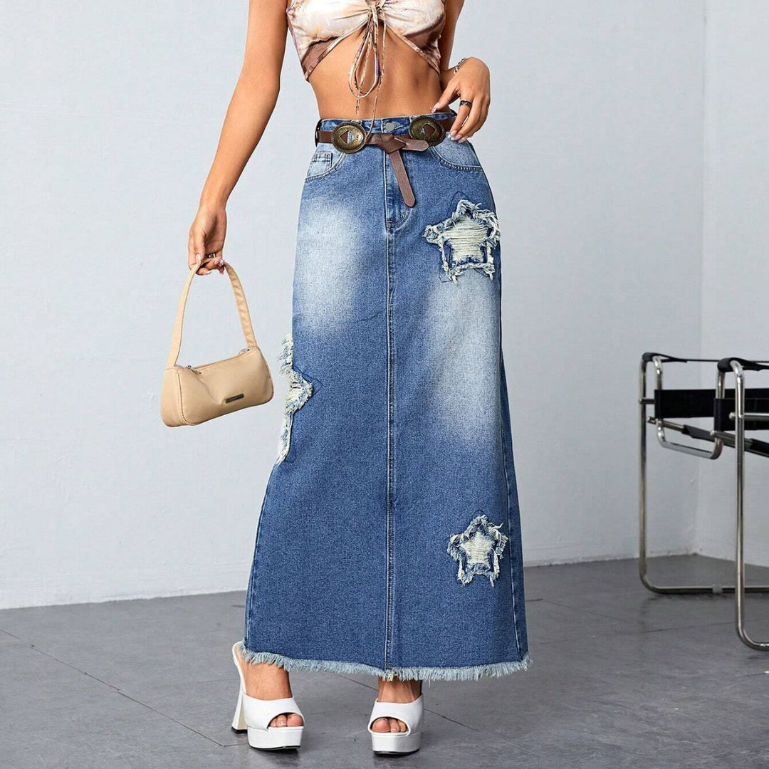 Dame Længere Denim-Nederdel med frynset accenter og ødelagte detaljer Stilla