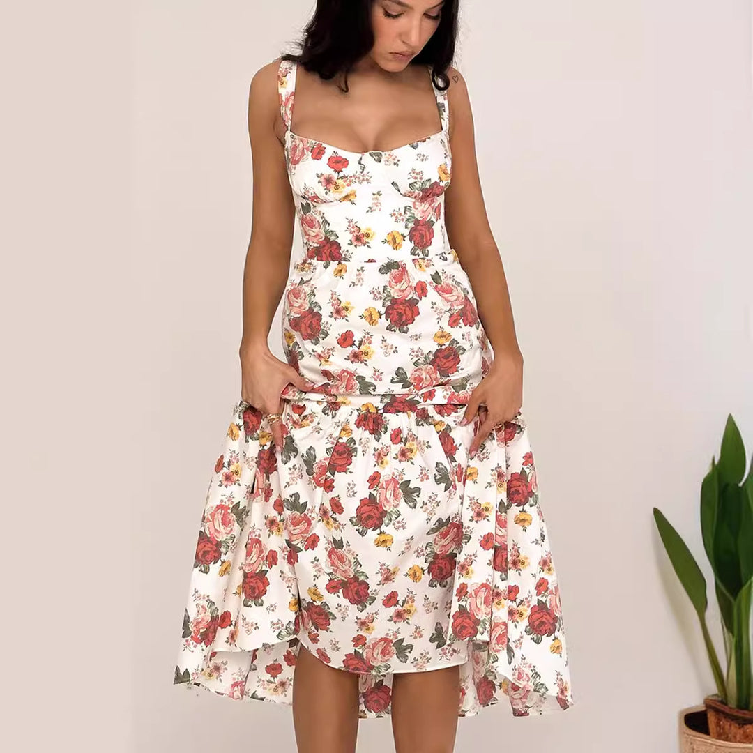 Kvinders blomsterprint maxi kjole med tætsiddende liv og flared skørt Stilla