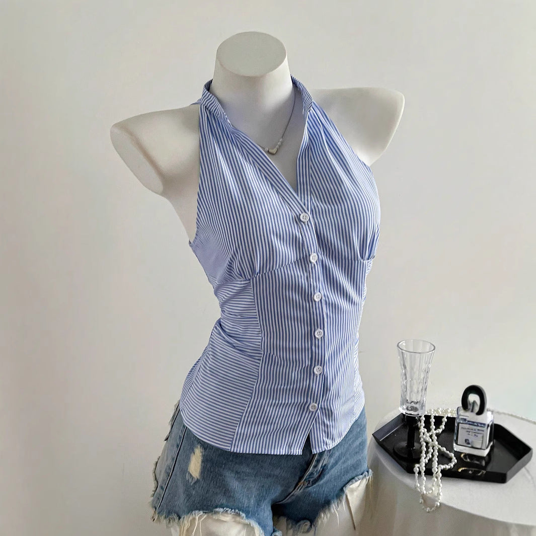 Dame halterneck top med elegant stribemønster Skovae