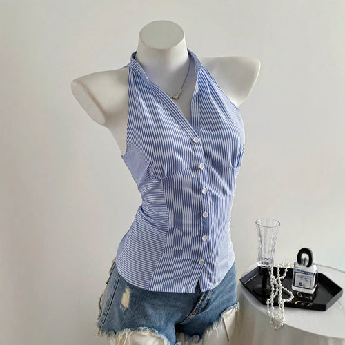 Dame halterneck top med elegant stribemønster Skovae