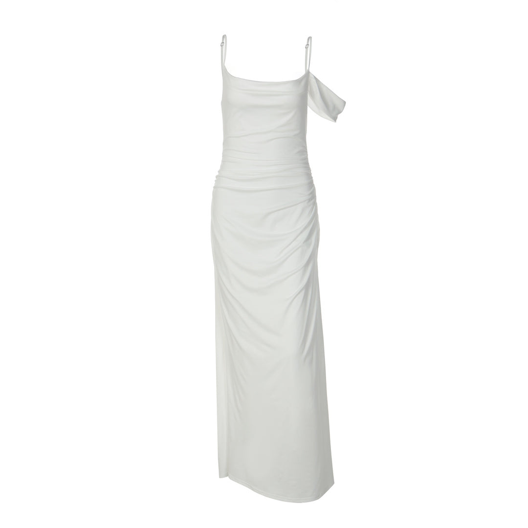 Dame Elegant gulvlange kjole med unik drapering Skovae