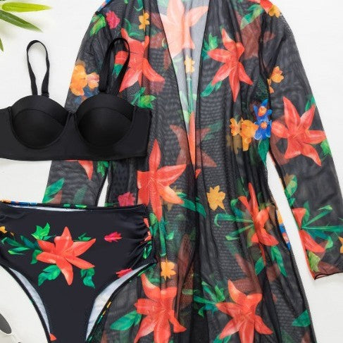 Dame Højskåret Bikini-sæt med floral Kimono og figurskabende snit Stilla