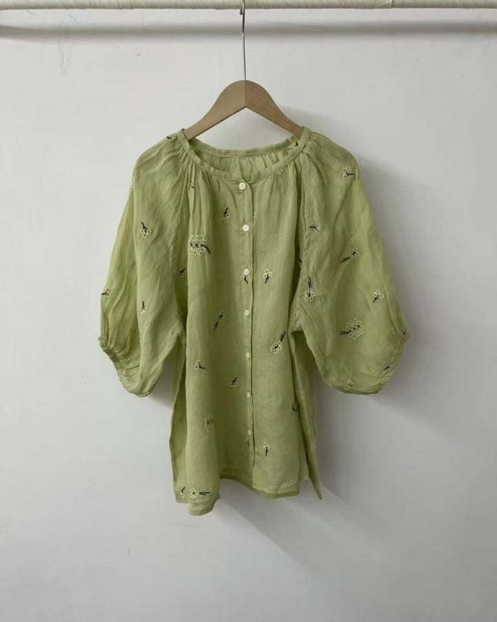 Dame Bestickt Oversize Knapbluse Stilla