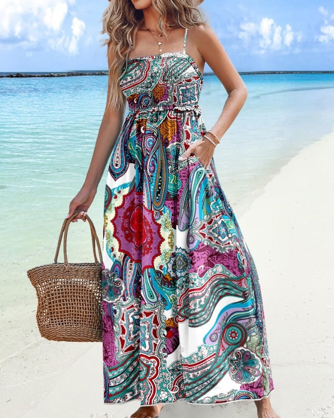 Dame Boho Maxi Kjole med justerbare stropper Stilla