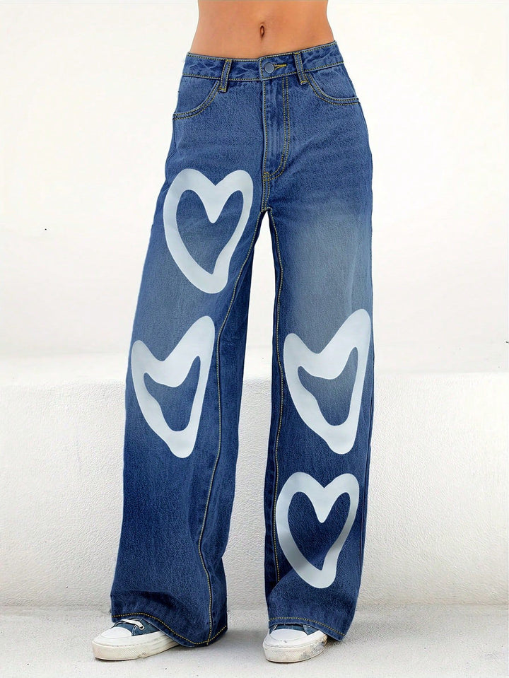Dame bred jeans med hjertemotiv og afslappet snit Stilla