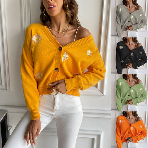 Dame Casual Strikjakke med florale Broderimotiver Stilla