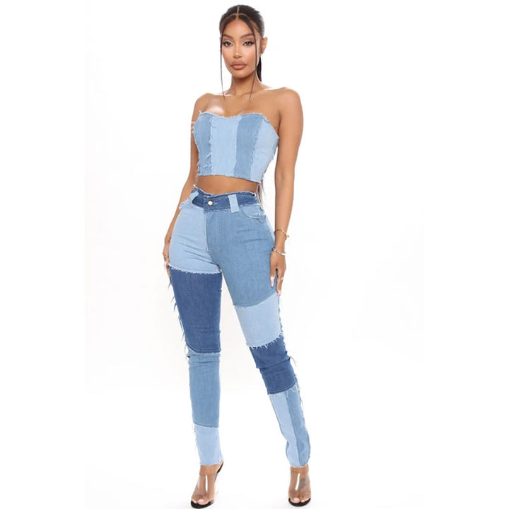Dame Patchwork Jeans og Bustier-Top Sæt med figursyet snit Stilla