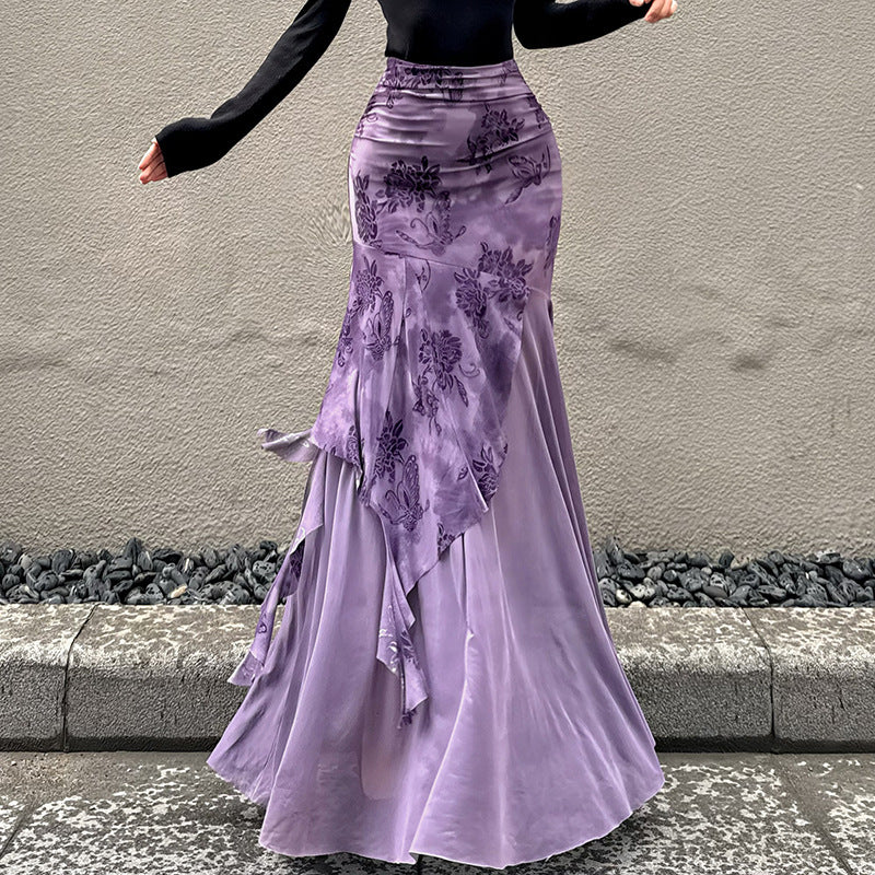 Damen asymmetrischer Maxirock mit floralen Details und transparenten Schichten Skovae