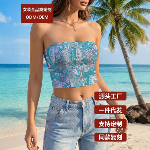 Dame Bandeau Crop-Top med legende mønster og elastisk snit Skovae