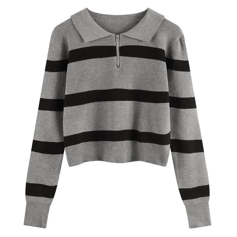 Kvinders strikket sweater med lynlås og stribemønster Stilla