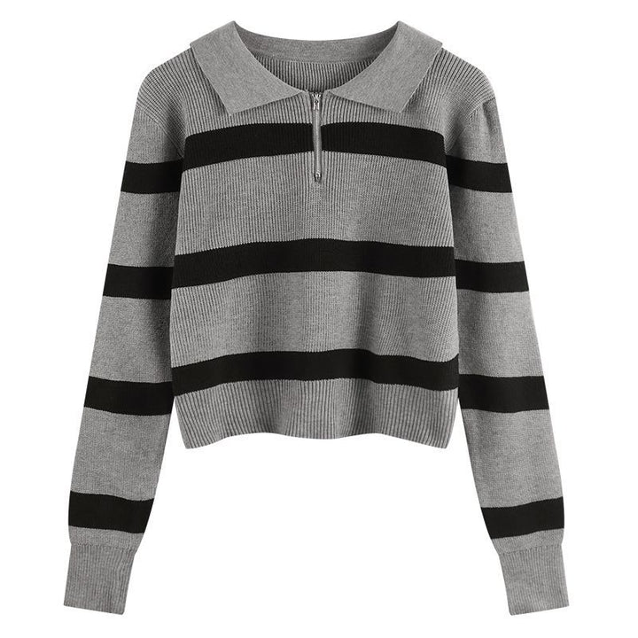 Kvinders strikket sweater med lynlås og stribemønster Stilla