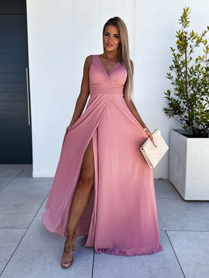 Dame elegant maxikjole med dyb slids og omslag detalje Stilla