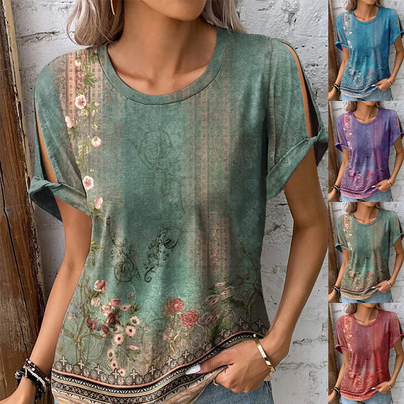 Dame afslappet T-shirt med blomsterprint og cut-outs Stilla