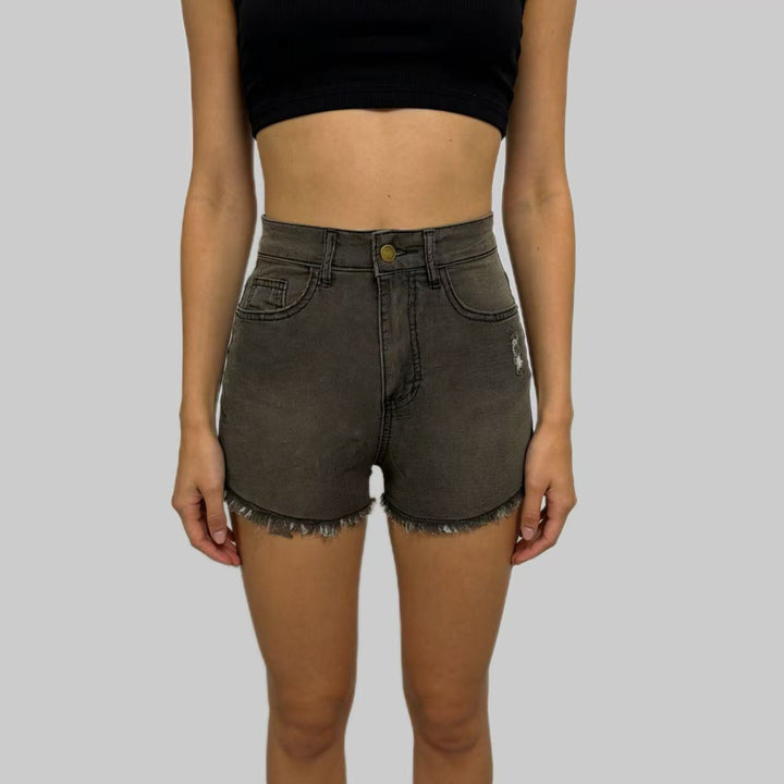 Dame højskårne denim shorts i trendy franse-look Skovae