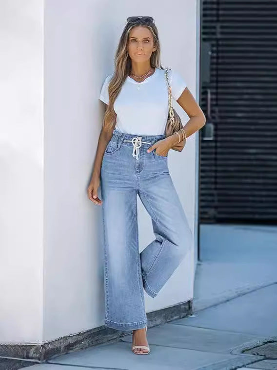 Dame Høj Skåret Løs Passet Jeans med Elastisk Taljebånd Stilla