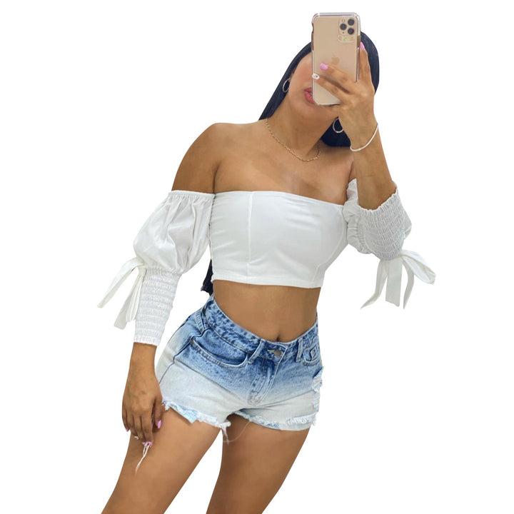 Dame Crop Top med puffærmer og legende bindebånd Stilla