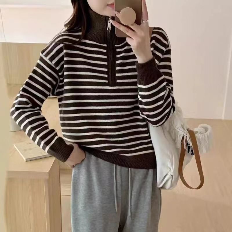 Dame afslappet pullover med lynlås og stribet mønster Stilla