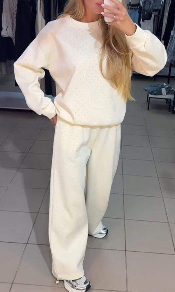 Dame hyggeligt sweatshirt-sæt med fine prikker og elastisk bånd Stilla