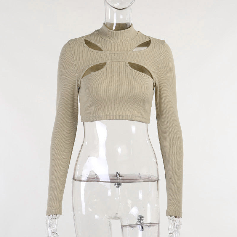 Dame trendy top med cut-outs og høj krave Skovae