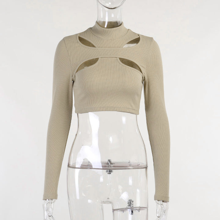 Dame trendy top med cut-outs og høj krave Skovae