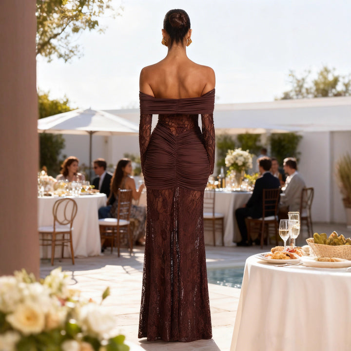 Damer Elegant Blonde Maxi Kjole med Raffinerede Flæsedetaljer og Off Shoulder Stropper Stilla
