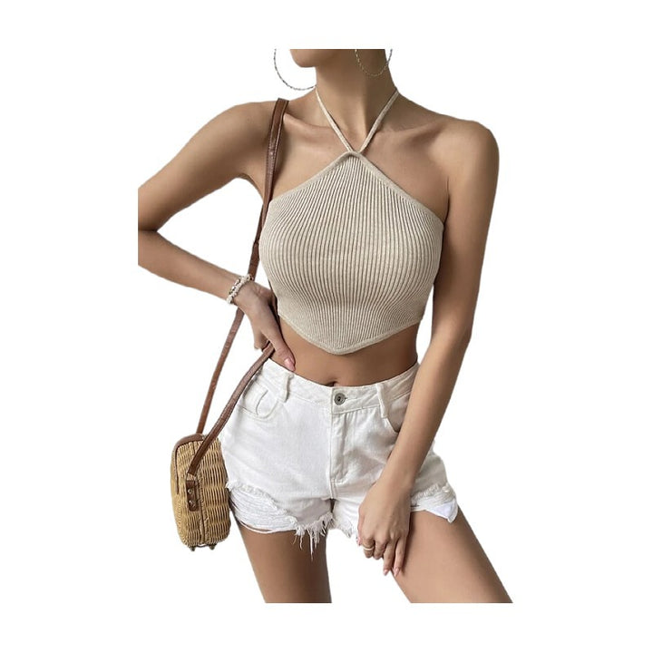 Dame Cropped Top med asymmetrisk halterdesign og fin ribstruktur Stilla