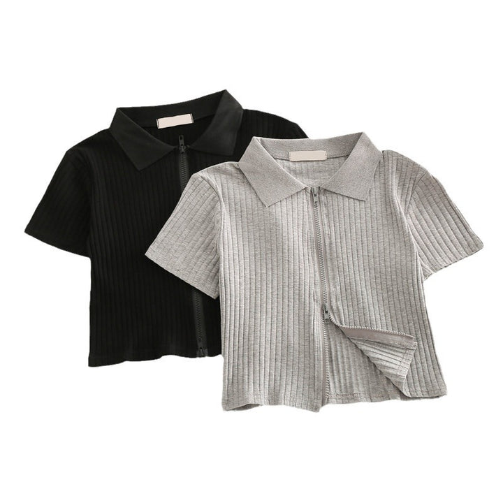 Femme Lynlås Rib-Crop-Polo-Top Stilla