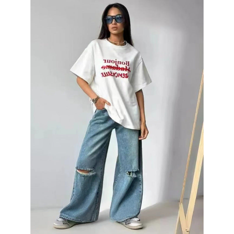 Dame Casual Oversized T-shirt med kreativt statementsprint Stilla