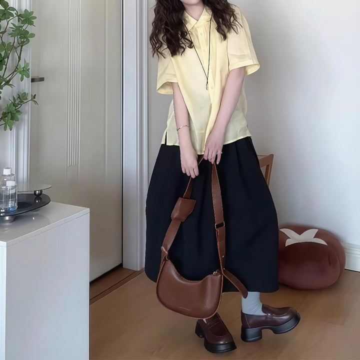 Femme Relaxed Fit Button-Up Skjorte og Flared Maxi Nederdel Sæt Stilla