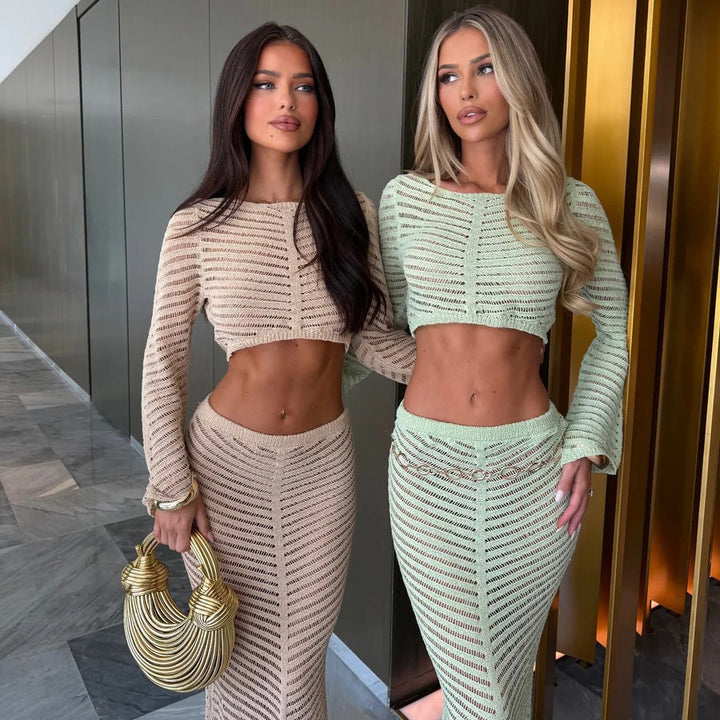 Dame elegant hæklede sæt med langærmet crop-top og figursiddende nederdel Skovae