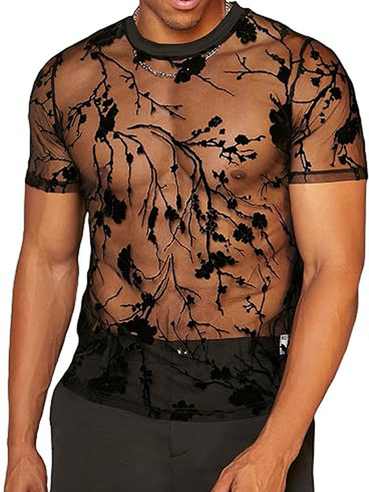 Dame gennemsigtigt T-shirt med blomstermotiv og elastisk krave Stilla