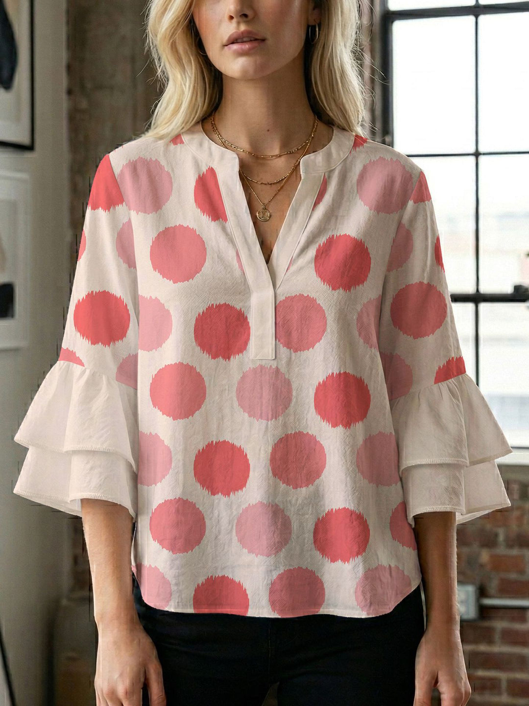 Dame bluse med voluminøse ærmer og kreativt trykdesign Skovae