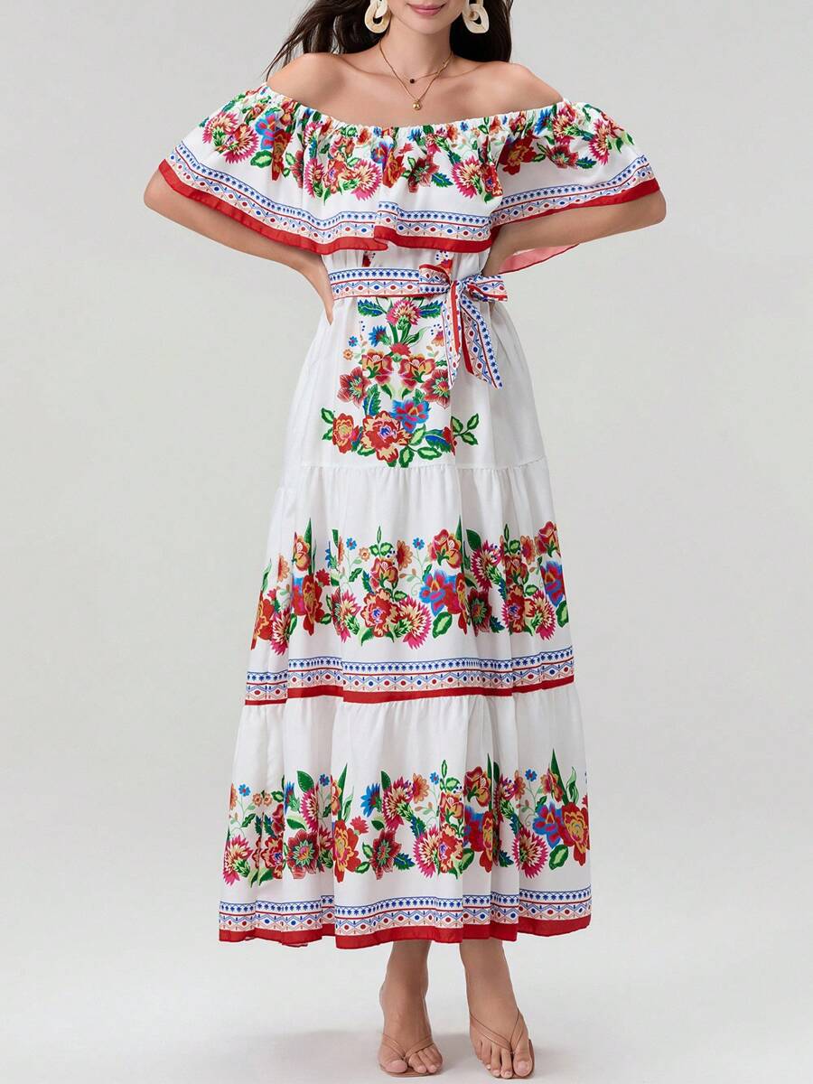 Dame Maxikjole med off-shoulder design og blomstrende applikationer Stilla