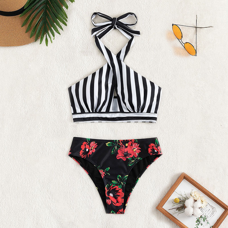 Dame Højskåret Bikini-sæt med kreativt stribet og blomstermønster Stilla