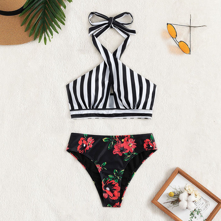 Dame Højskåret Bikini-sæt med kreativt stribet og blomstermønster Stilla