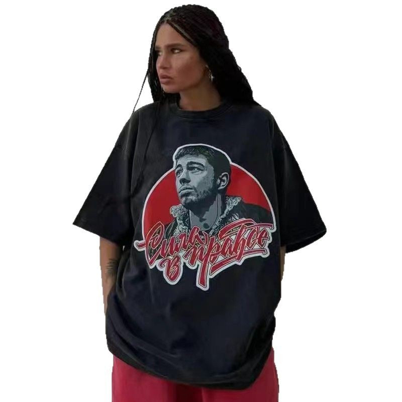 Dame Oversized T-shirt med kunstnerisk ansigtstryk og street-style skrifttype Stilla