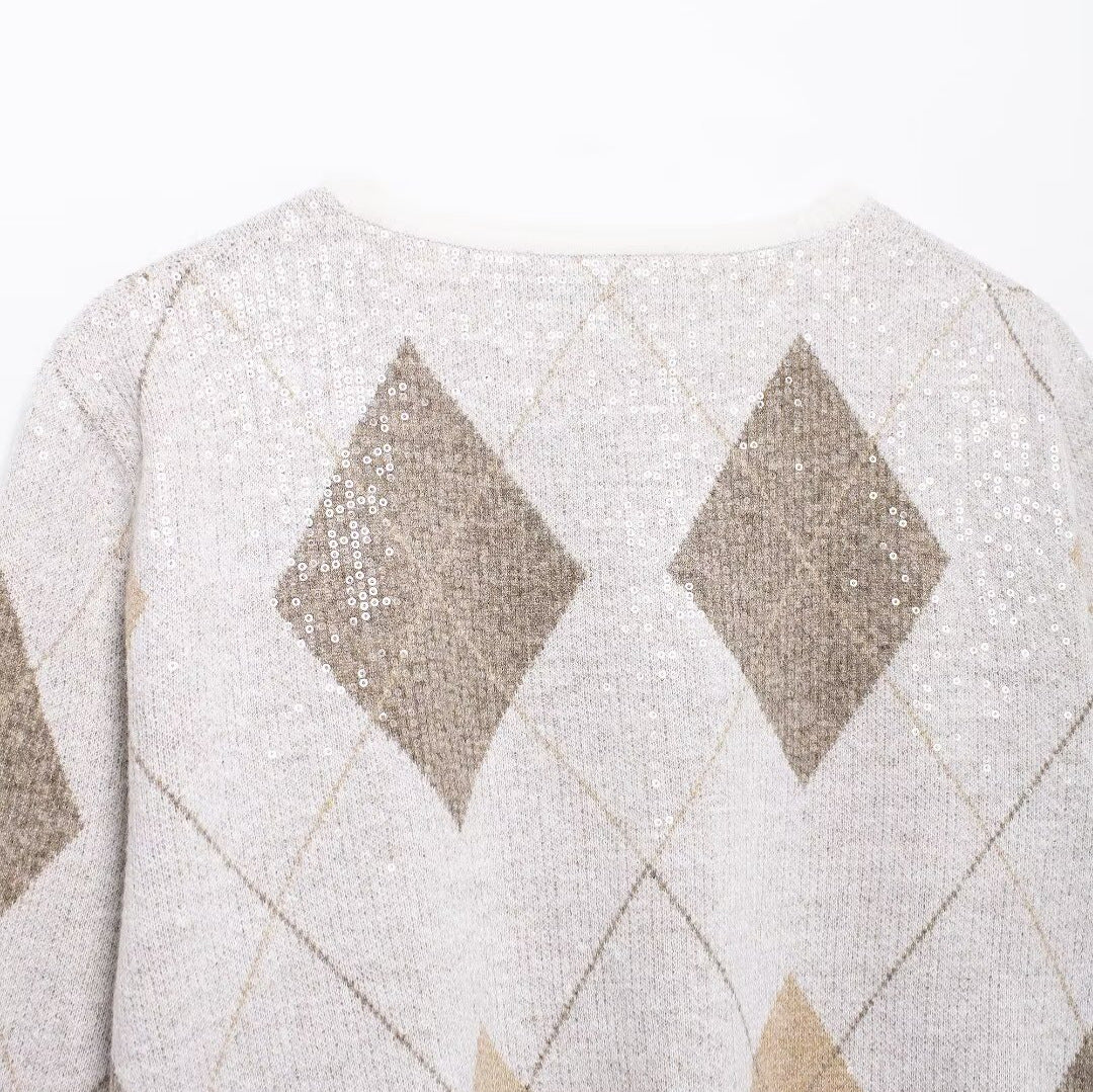 Femme Argyle-mønster Paillette Strik Cardigan Stilla