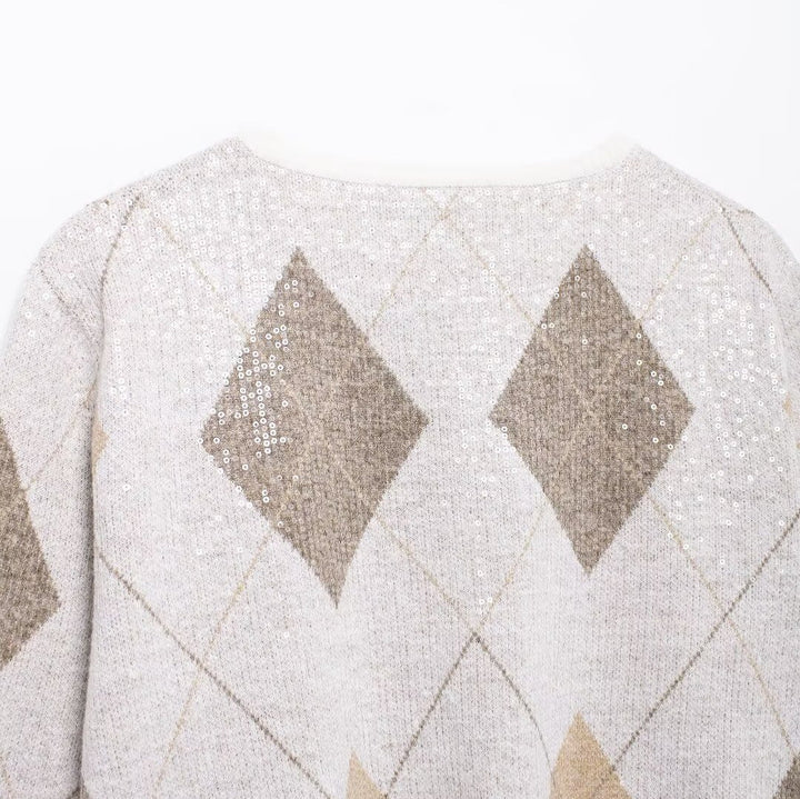 Femme Argyle-mønster Paillette Strik Cardigan Stilla