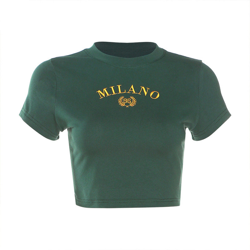Damer cropped T-shirt med broderet Milano-design Stilla