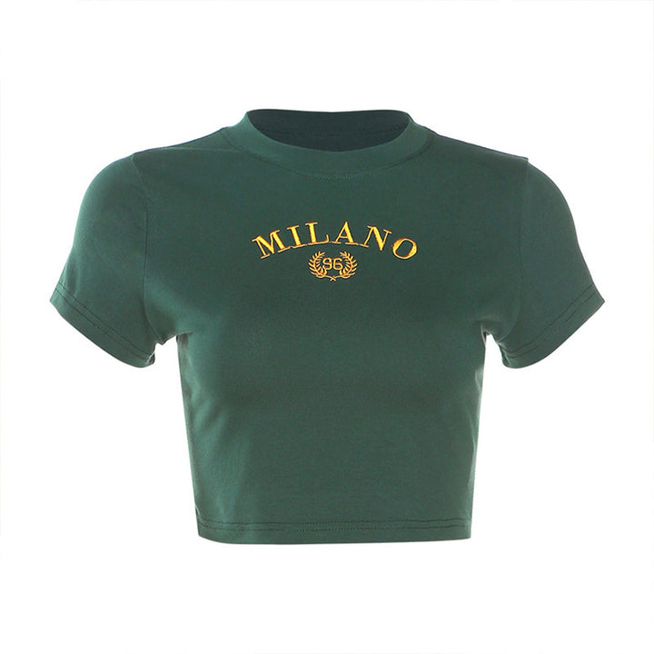 Damer cropped T-shirt med broderet Milano-design Stilla