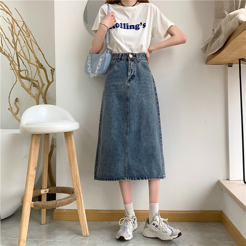 Dame Lang Denim Nederdel med Høj Udkæring og Dekorative Sømme Stilla