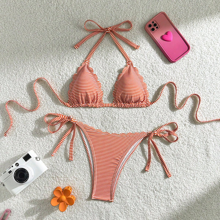 Dame Triangle-Bikini-sæt med legende flæse-design og justerbare bindebånd Skovae